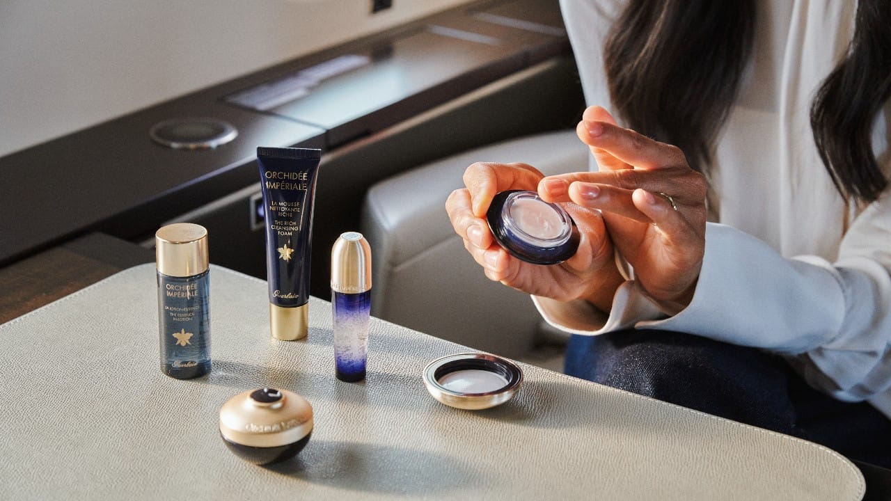 The amenity kits are by Guerlain.
