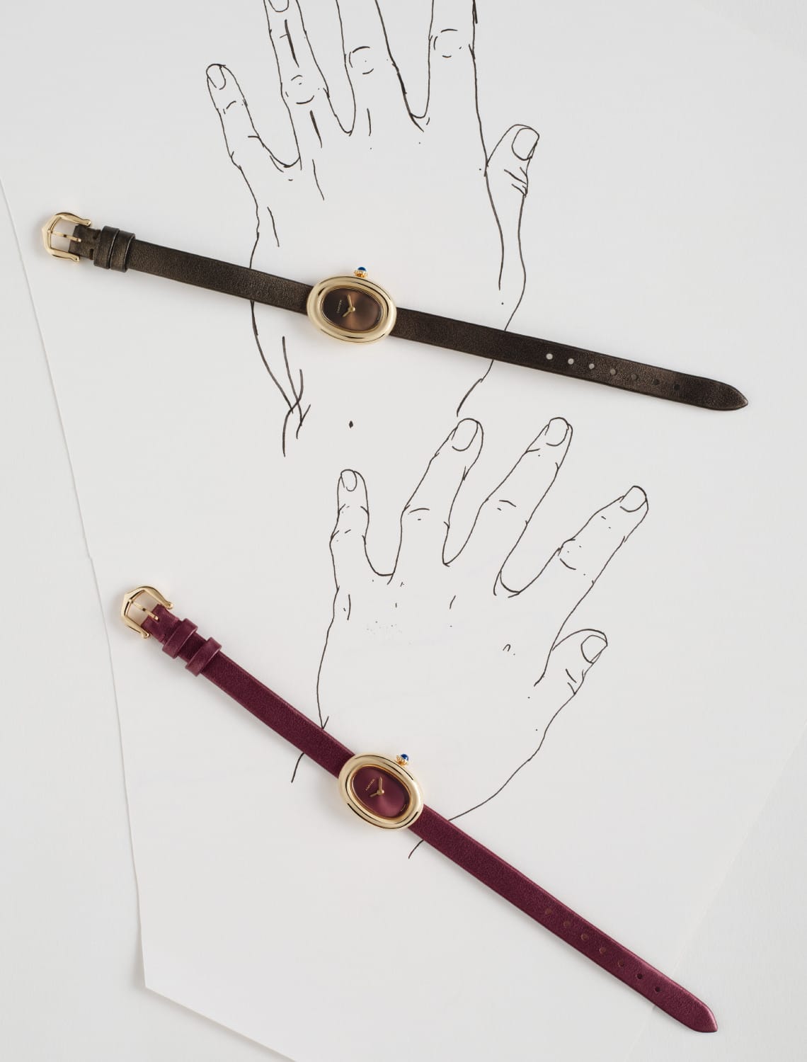 Coloured dial options of the mini-sized Baignoire come with matching leather straps.