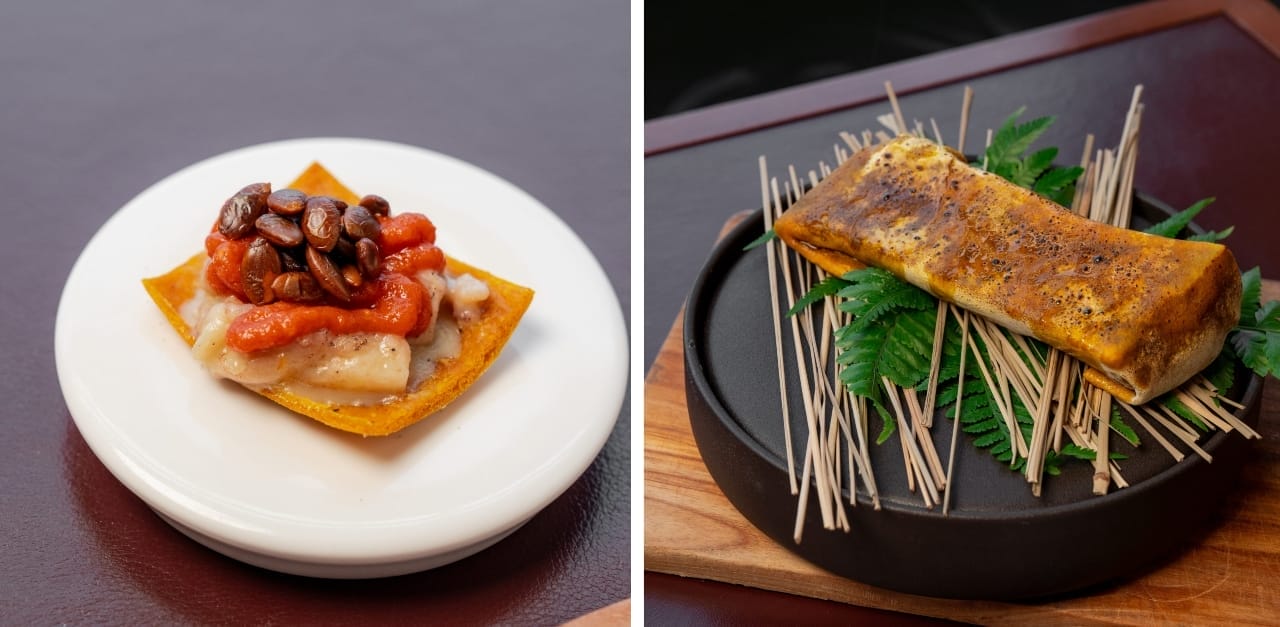 Bone marrow served on top a turmeric and ginger toast, with smoked tomato purée and roasted pumpkin seeds (left) and Chef Hugo Blanchet’s signature bone marrow wrapped in bread dough (right).