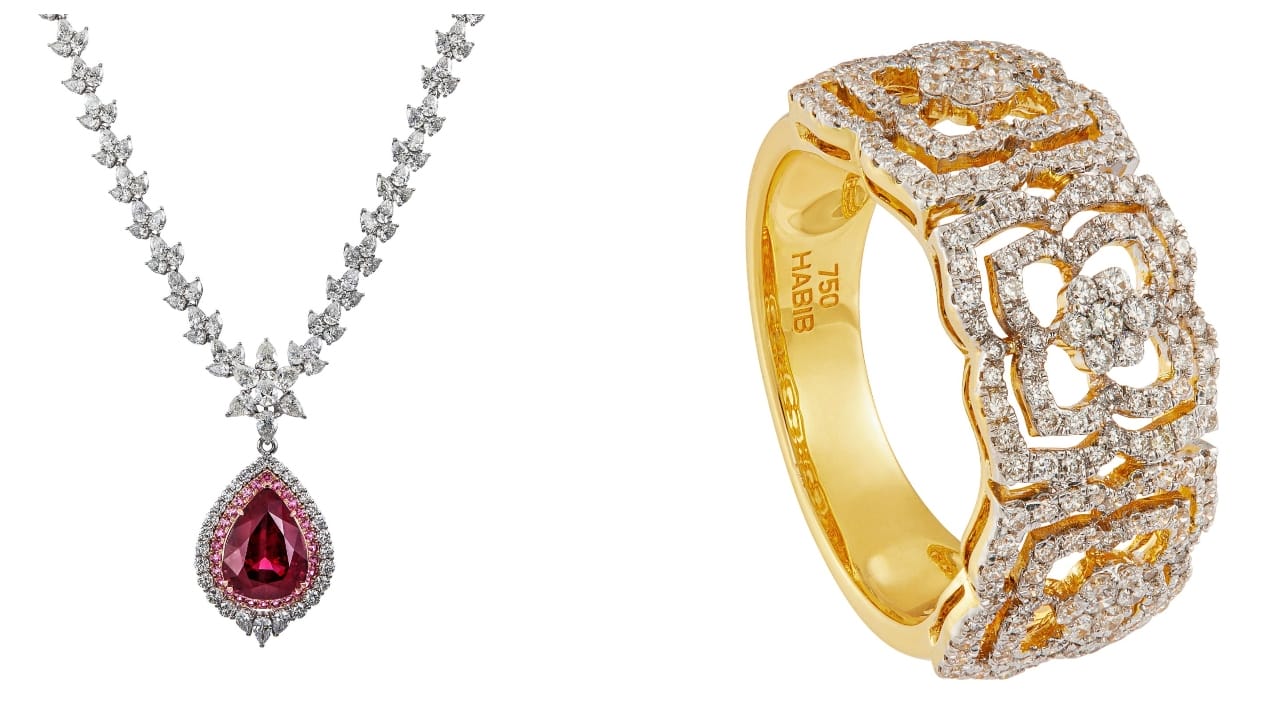 Spinel Diamond Necklace Set in 18K White Gold (left) and Al Zahra Diamond Bangle Set in 18K Yellow Gold (right)