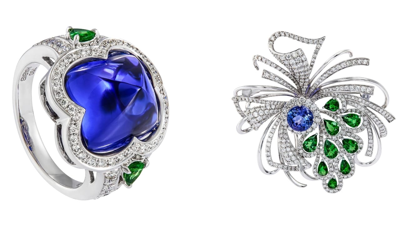Tanzanite & Tsavorite Diamond Ring Set in 18K White Gold (left) and Tanzanite & Tsavorite Diamond Ring Set in 18K White Gold (right)