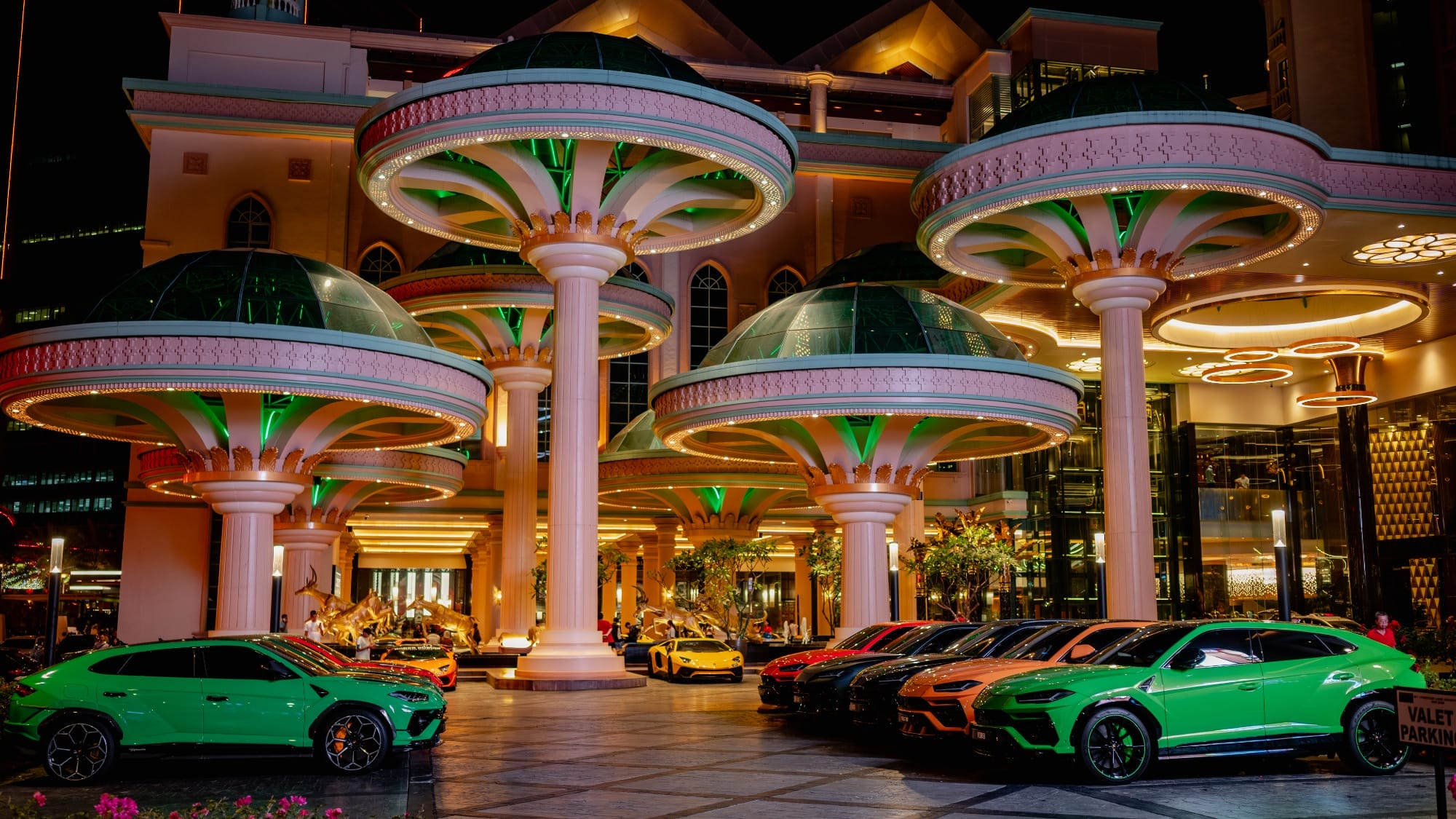 A fleet of Lamborghini Urus Super SUVs at the driveway of Sunway Resort Hotel.