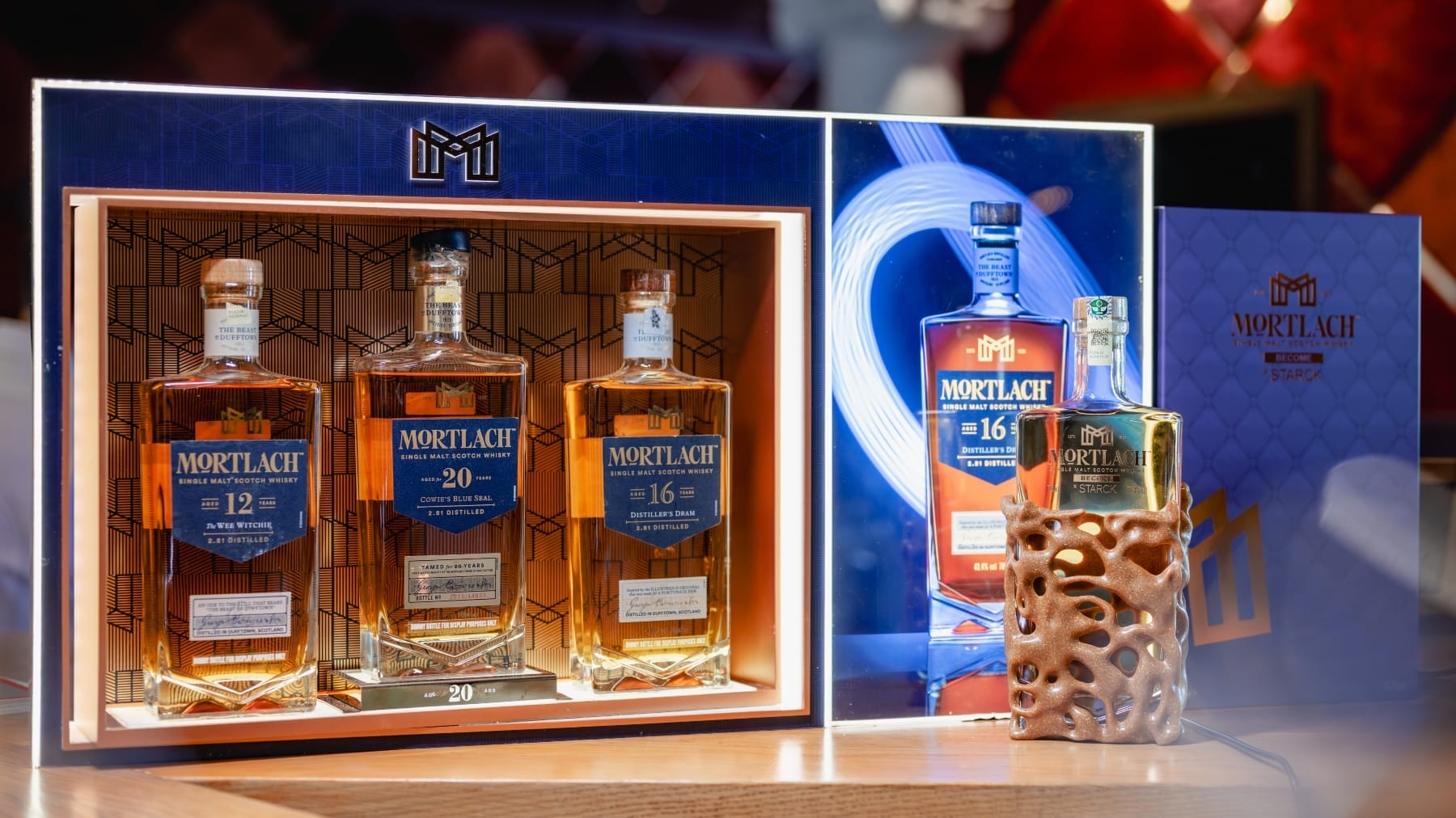 The Mortlach 12-, 16-, and 20-year-old expressions as well as the Mortlach x Starck L'Evolution Collection Become.