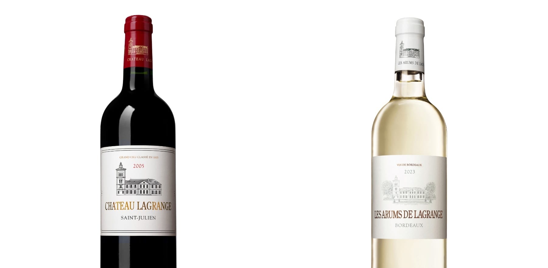 A bottle of Lagrange 2005 (left) and Arums 2023 (right).